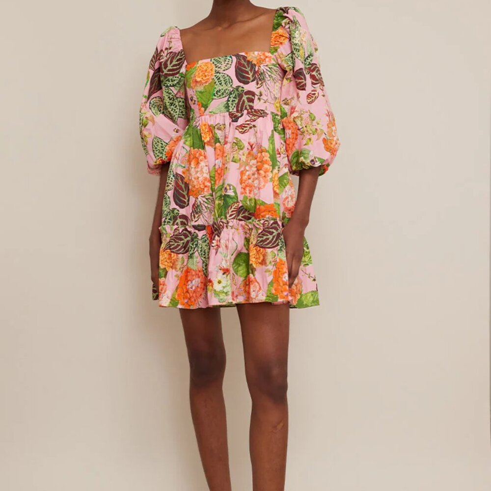 Cara Cara Sip Sip pink floral cotton puff sleeve whimsical mini dress NWOT